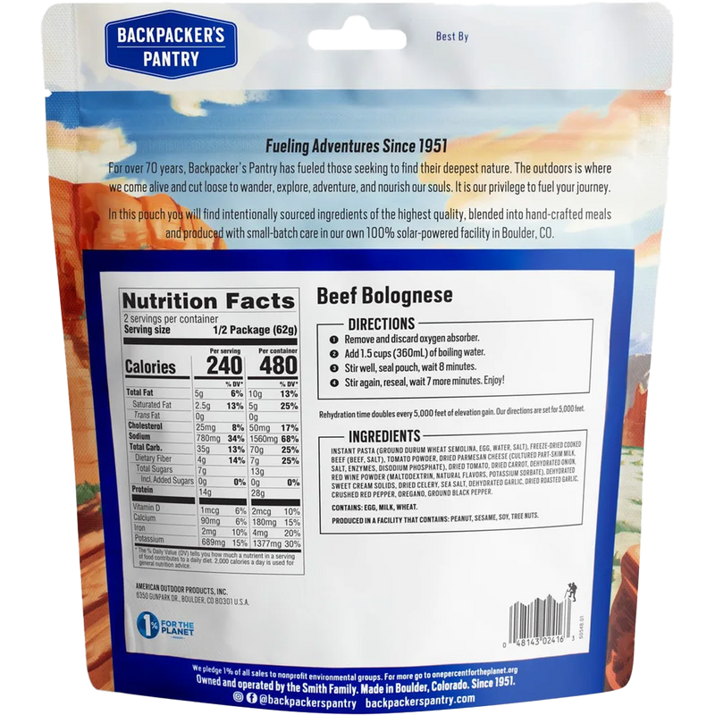Beef Bolognese (2 Servings), Backpacker's Pantry Beef Bolognese back of package