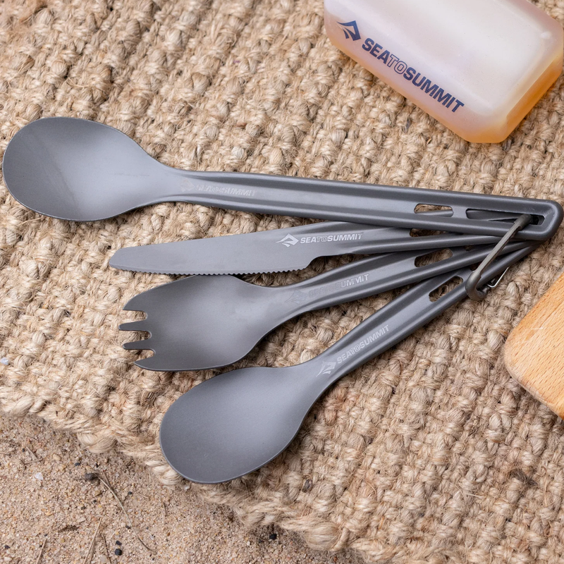 Frontier Ultralight Fork, Spoon & Knife Cutlery Set, Sea to Summit Frontier Ultralight Fork, Spoon & Knife Cutlery Set on carabiner