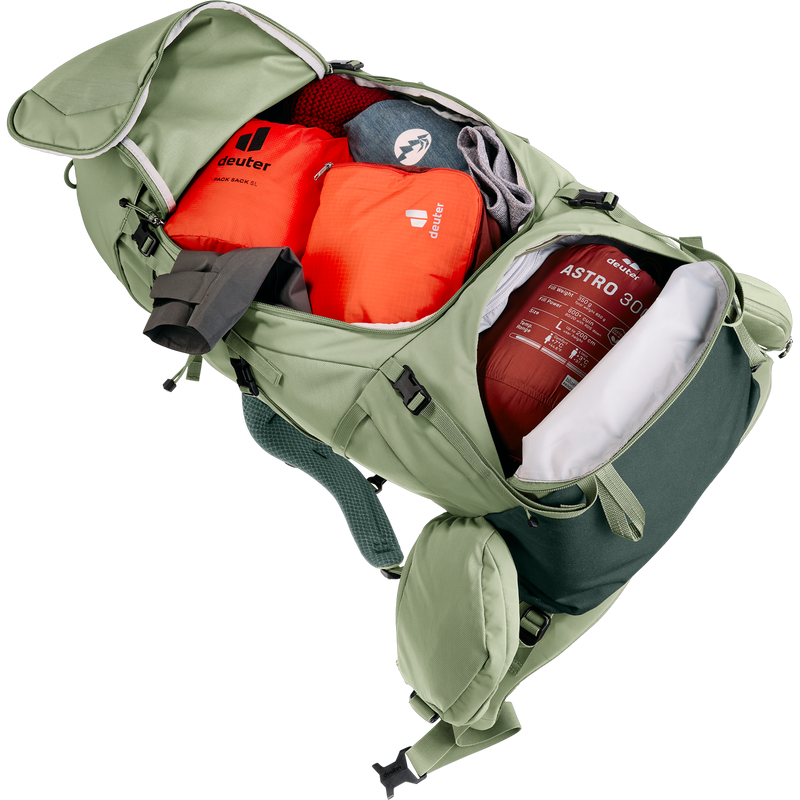 Aircontact Core 45+10 SL, Deuter Aircontact Core 45+10 SL in Grove-Ivy unzipped front compartments