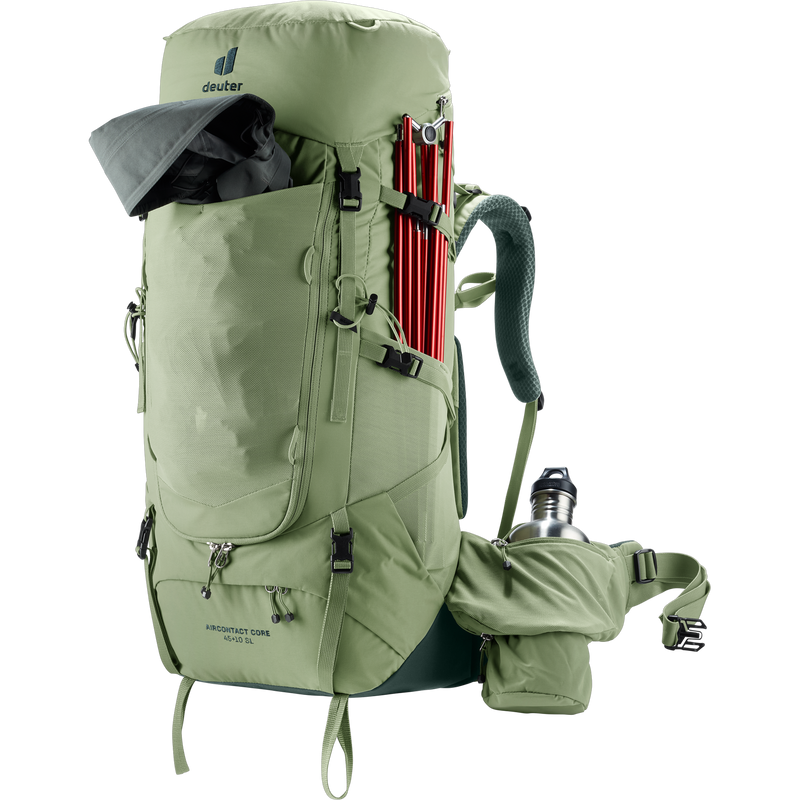 Aircontact Core 45+10 SL, Deuter Aircontact Core 45+10 SL in Grove-Ivy with tent poles