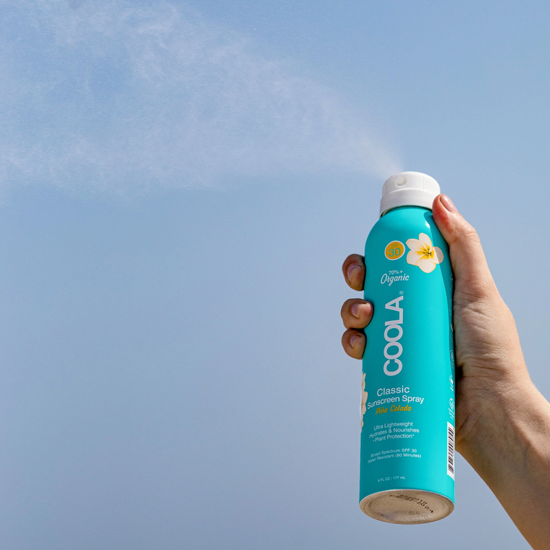 Classic Body Organic Sunscreen Spray SPF 30, COOLA Classic Body Organic Sunscreen Spray SPF 30 spraying