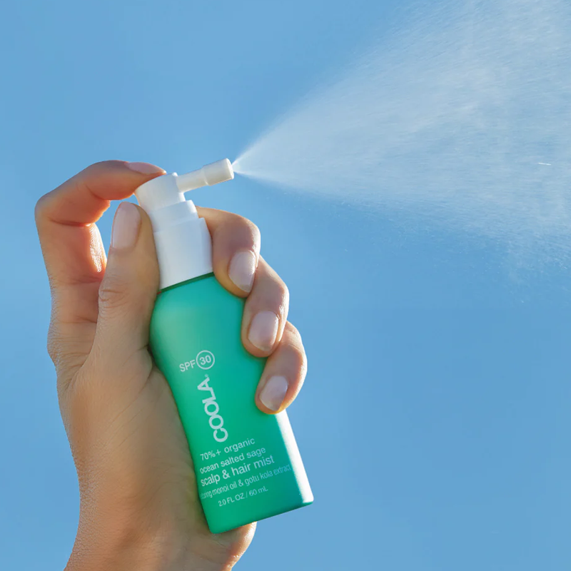 Scalp & Hair Mist Organic Sunscreen SPF 30, COOLA Scalp & Hair Mist Organic Sunscreen SPF 30 spraying 