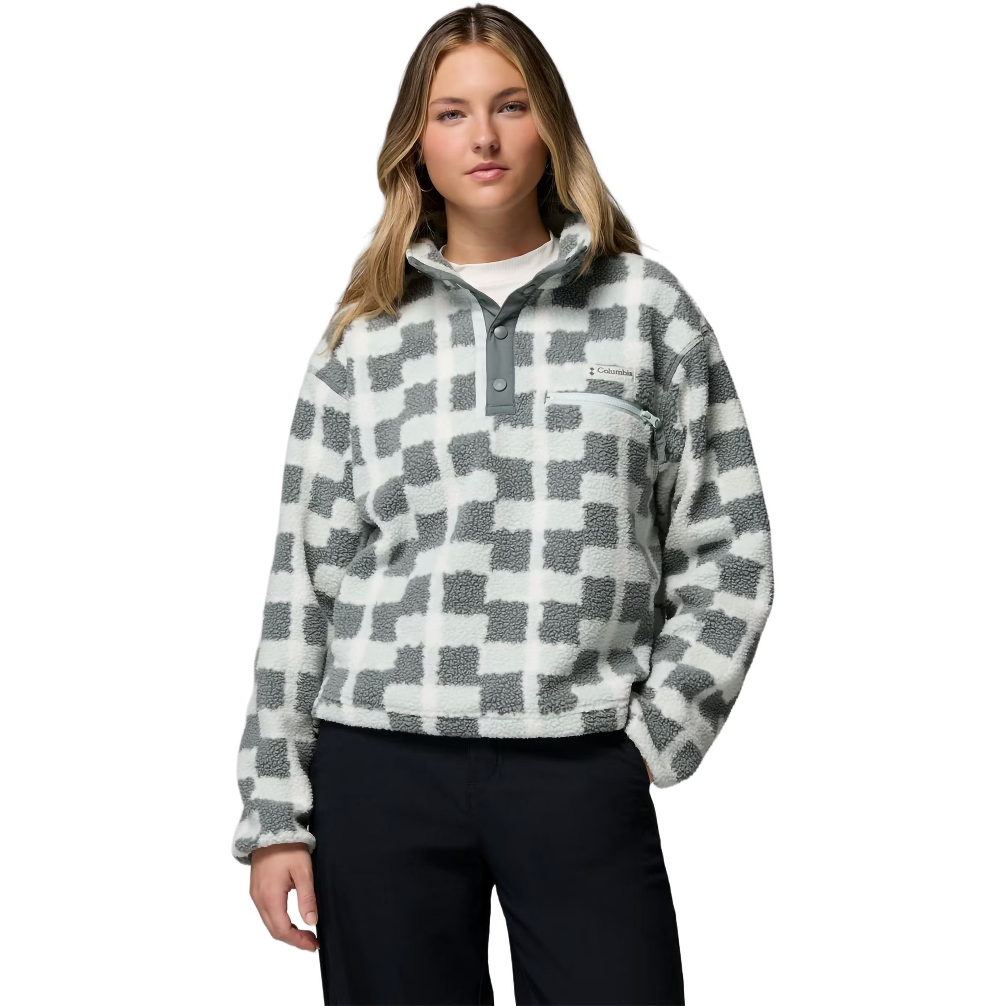 Columbia Women's Helvetia II Printed Crop 1/2 Snap Pullover in 343 Sedona Sage Geostack