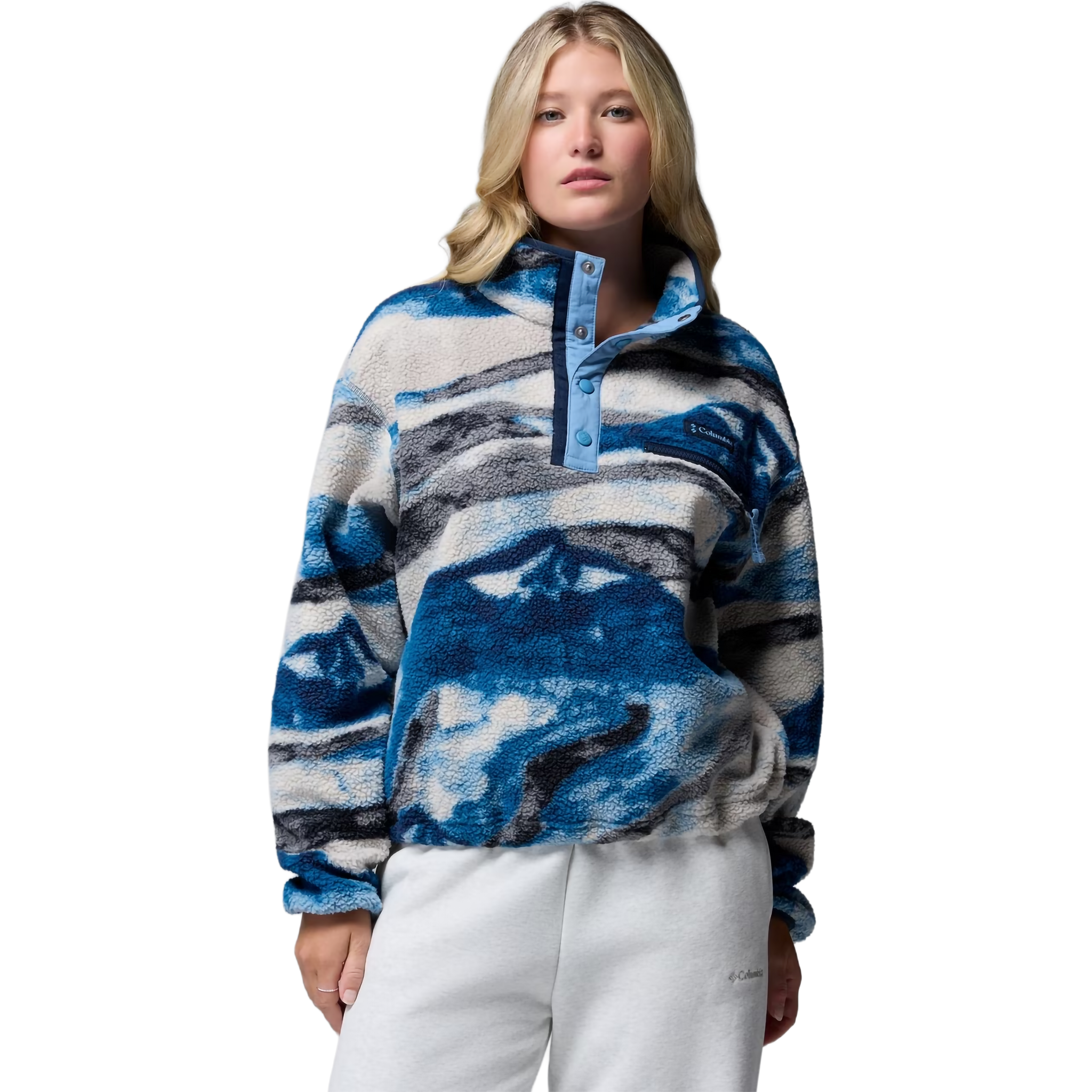 Columbia Women's Helvetia II Printed Crop 1/2 Snap Pullover in 443 Phoenix Blue Summits