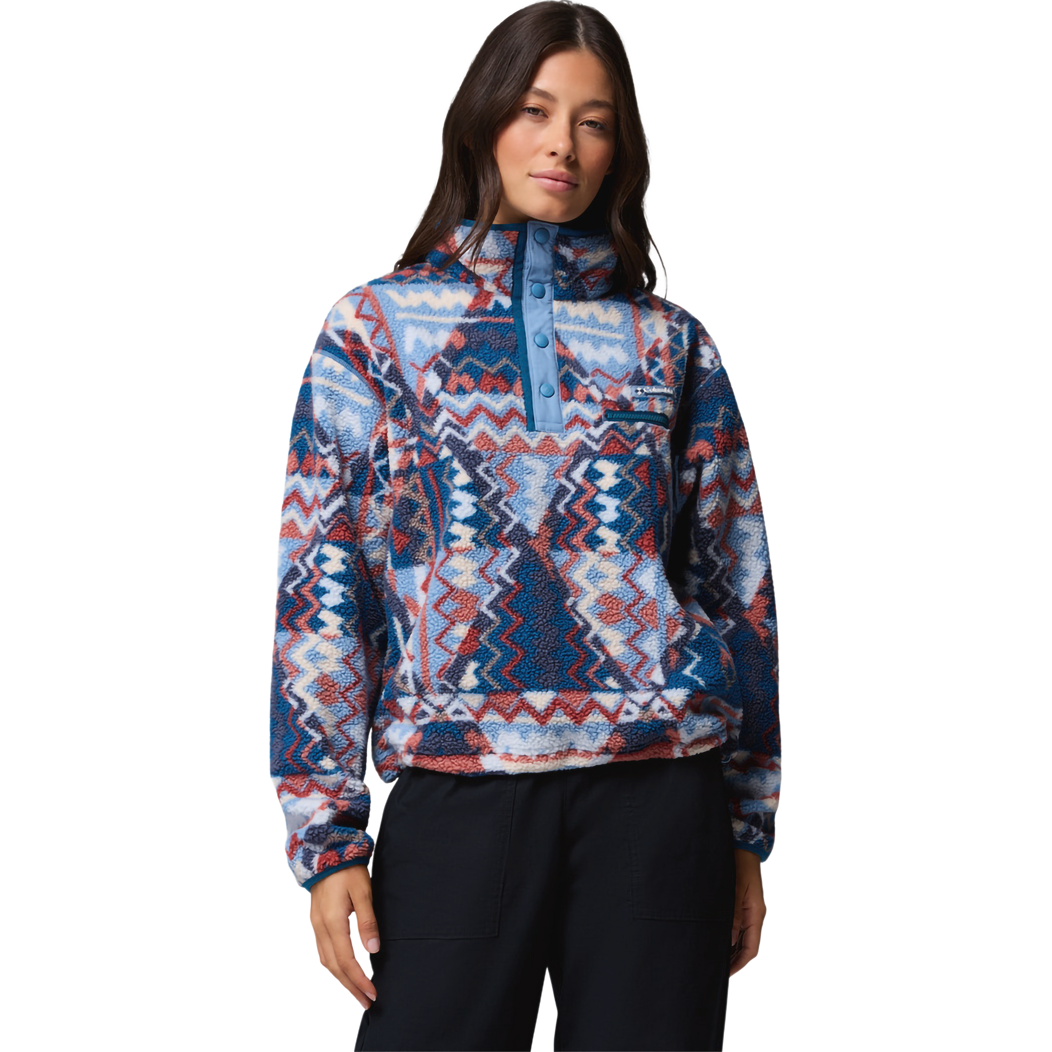 Columbia Women's Helvetia II Printed Crop 1/2 Snap Pullover in 447 Rainy Day Geomix