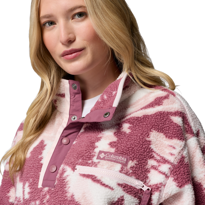 Women's Helvetia II Printed Crop 1/2 Snap Pullover, Columbia Women's Helvetia II Printed Crop 1/2 Snap Pullover in 552-Antique Mauve front buttons and collar