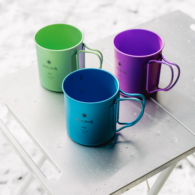 Ti-Single 450 Anodized Cup, Snow Peak Ti-Single 450 Anodized Cup at camp