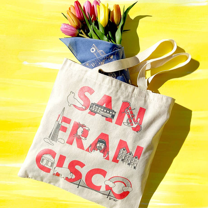 San Francisco Font Grocery Tote, Maptote San Francisco Font Grocery Tote with flowers