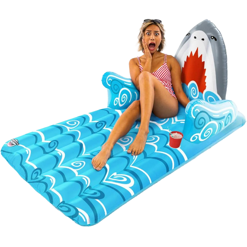 Shark Pool Lounger Float, Big Mouth Shark Pool Lounger Float with swimmer