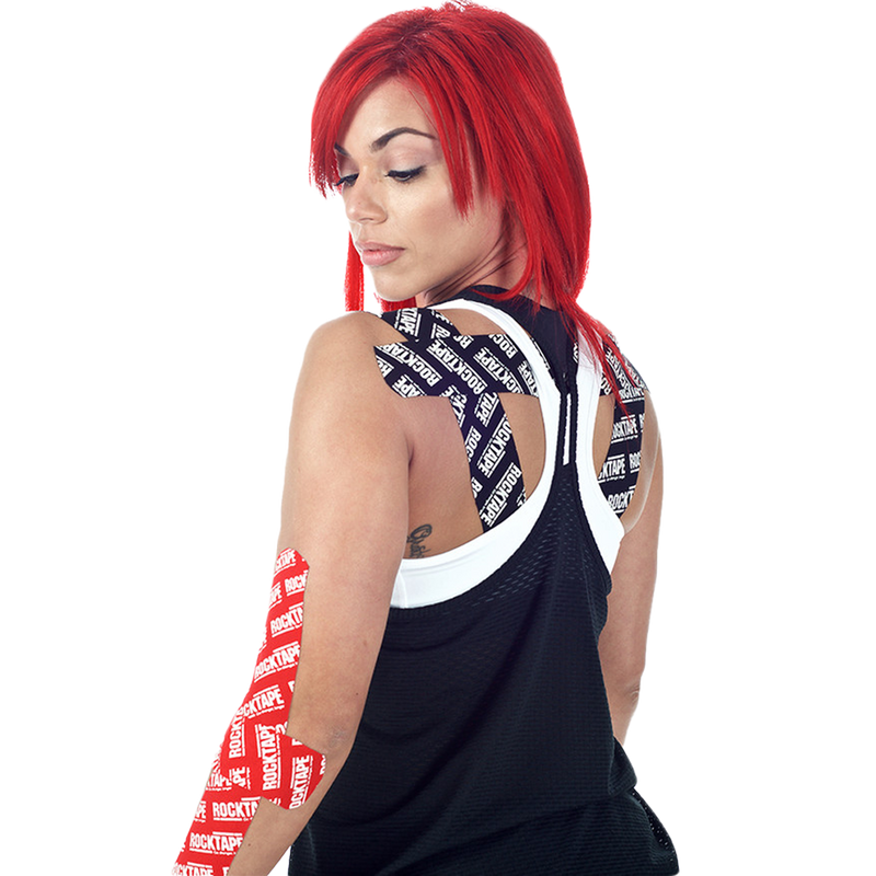 RockTape Go PreCut Standard, RockTape PreCut Standard in on shoulders and arm