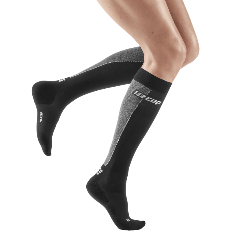 Women's UltraLight Tall Compression Socks, CEP Compression Women's UltraLight Tall Compression Socks in Black/Grey right on model
