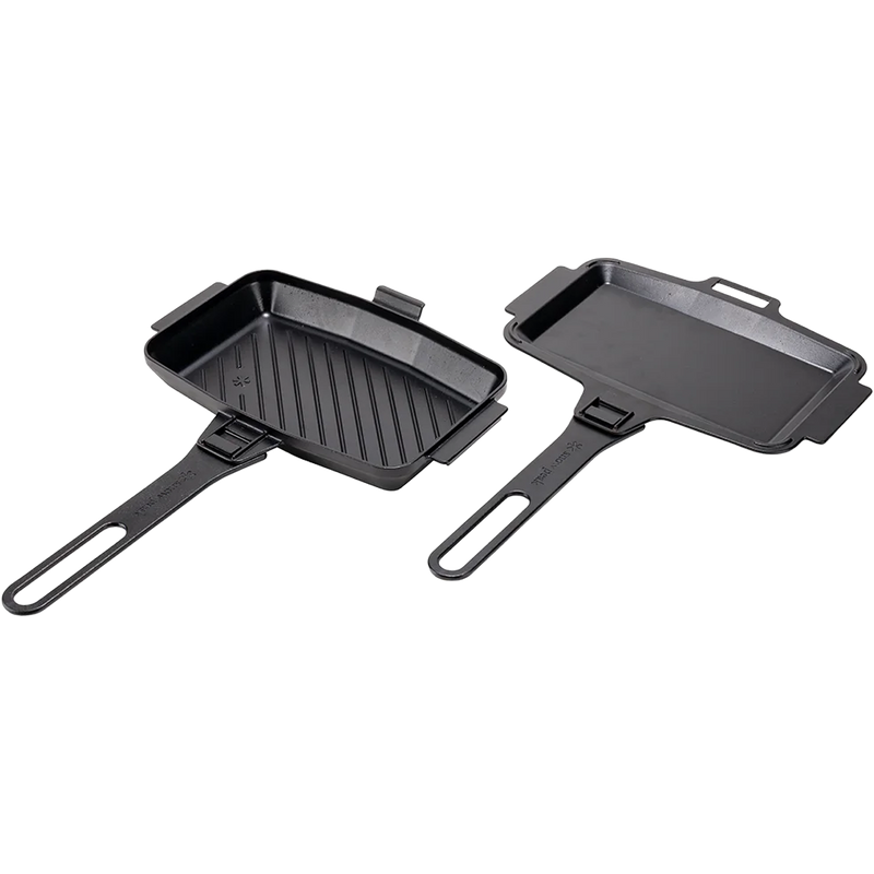 Cast Iron Sandwich Skillet, Snow Peak Cast Iron Sandwich Skillet open and separated with handles
