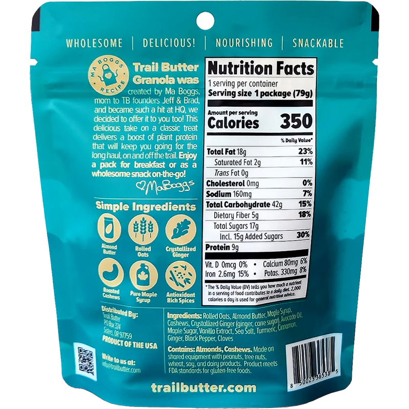 Lil' Crunch Almond Butter Granola, Trail Butter Lil Crunch 2.8 oz Almond Butter Granola back of package