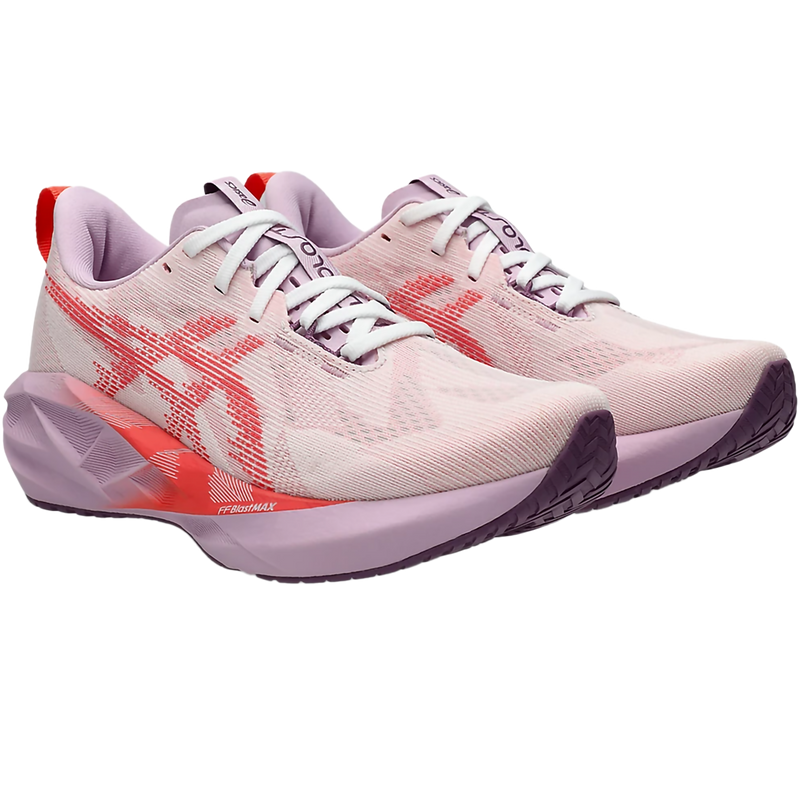 Women's NovaBlast 5, Asics Women's NovaBlast 5 in 101-White Coral Reef pair front right