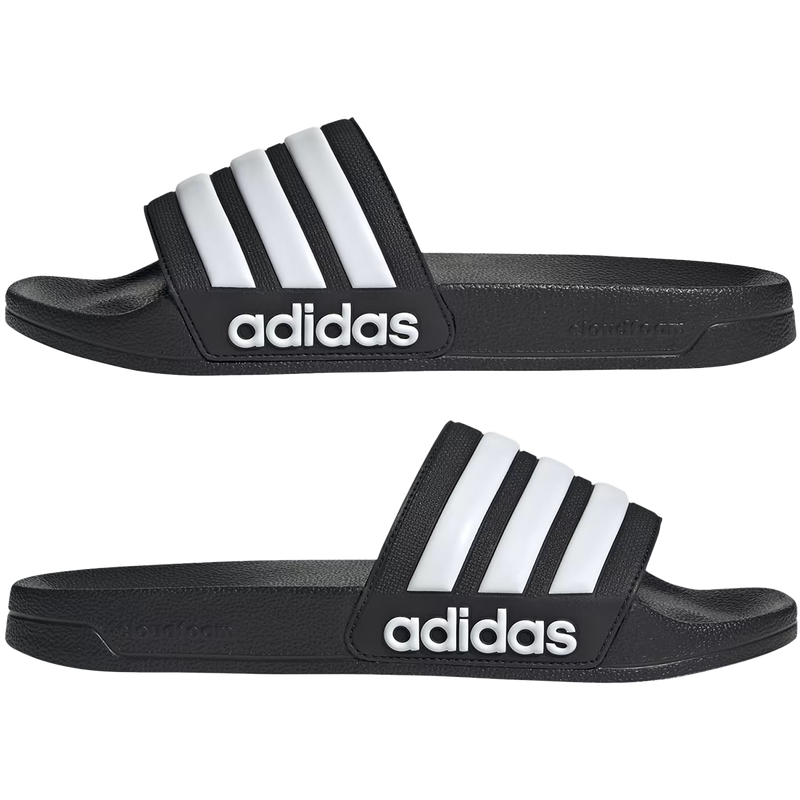 Adilette Shower Slides, Adidas Adilette Shower Slides in Black/White pair right and left