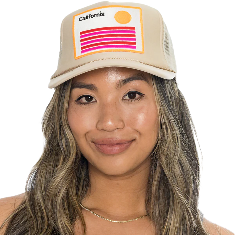 California Stripes Trucker, Friday Feelin California Stripes Trucker in Tan on model front