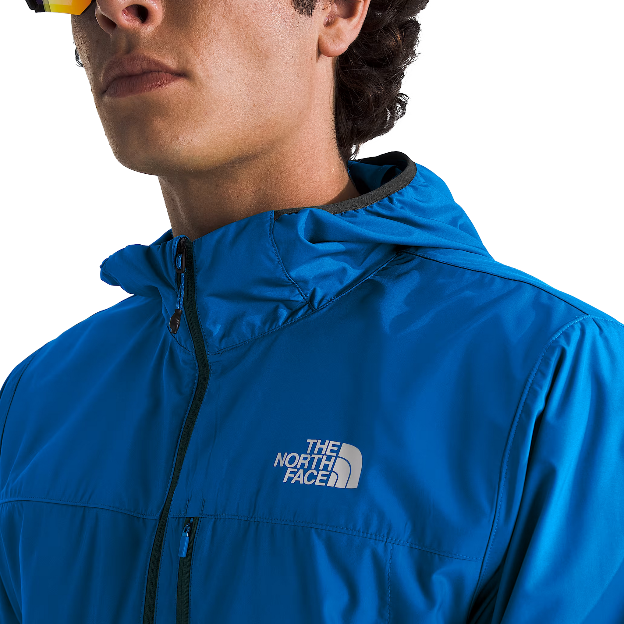 The North Face Higher Run Wind Jacket in Hero Blue Front Logo