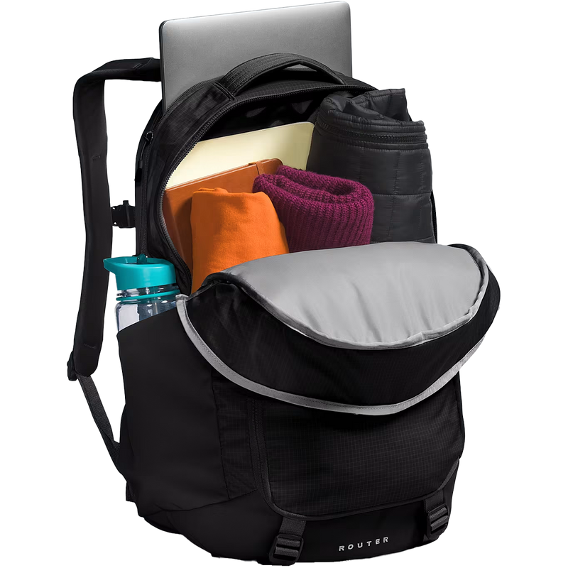 Router, The North Face Router backpack in 4HF-TNF Black/TNF Black/NPF unzipped and loaded
