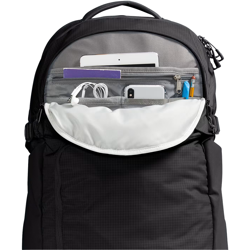 Router, The North Face Router backpack in 4HF-TNF Black/TNF Black/NPF top pouch unzipped