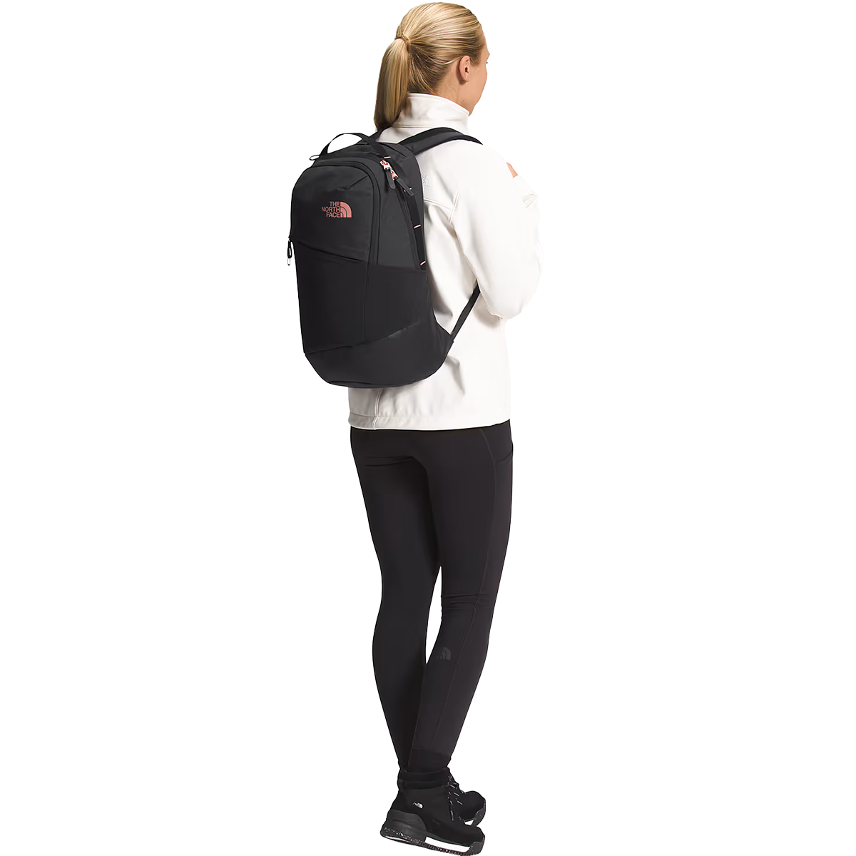 The North Face Women's Isabella 3.0 in 51Y-TNF Black Light Heather/Burnt Coral Metallic on model
