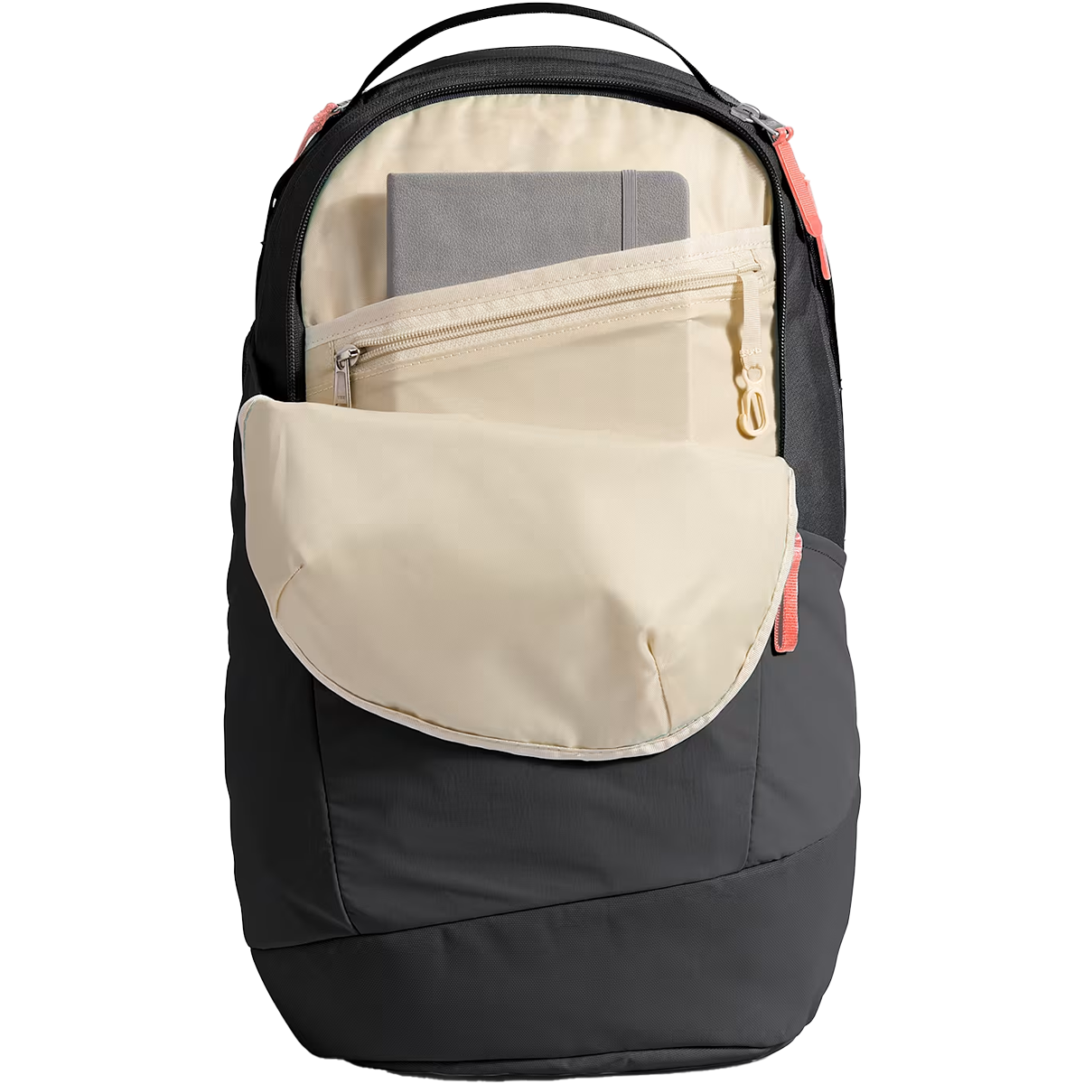 The North Face Women's Isabella 3.0 in 51Y-TNF Black Light Heather/Burnt Coral Metallic unzipped small compartment