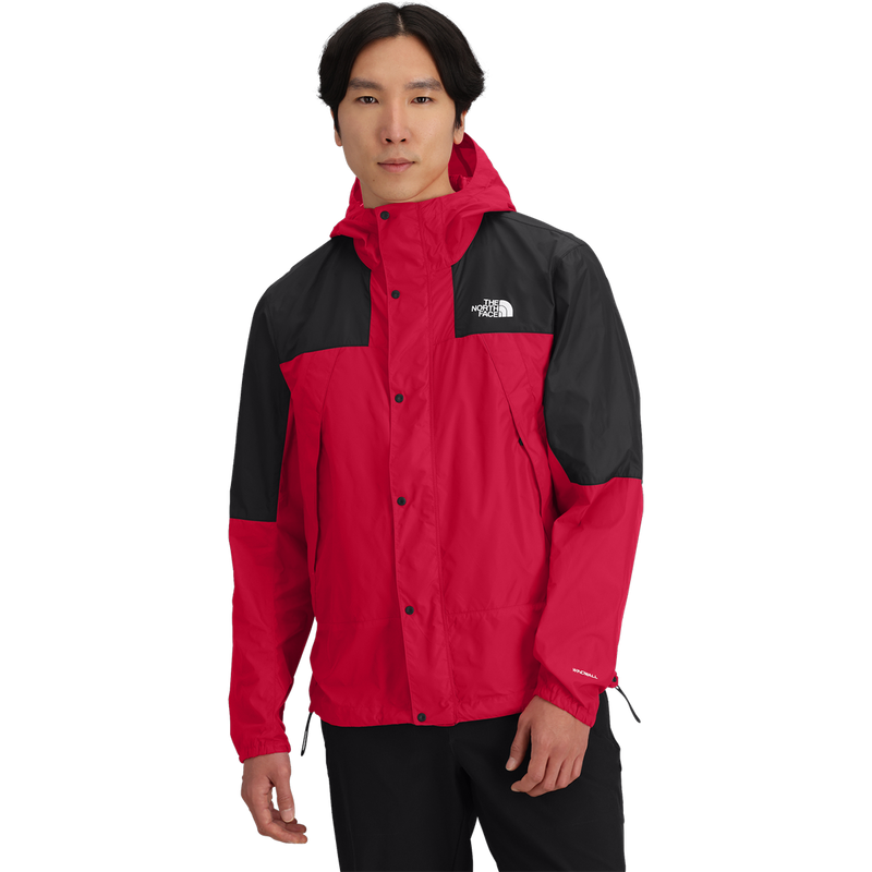 Men's Mountain Wind Jacket, The North Face Men's Mountain Wind Jacket in KZ3-TNF Red/TNF Black on model front