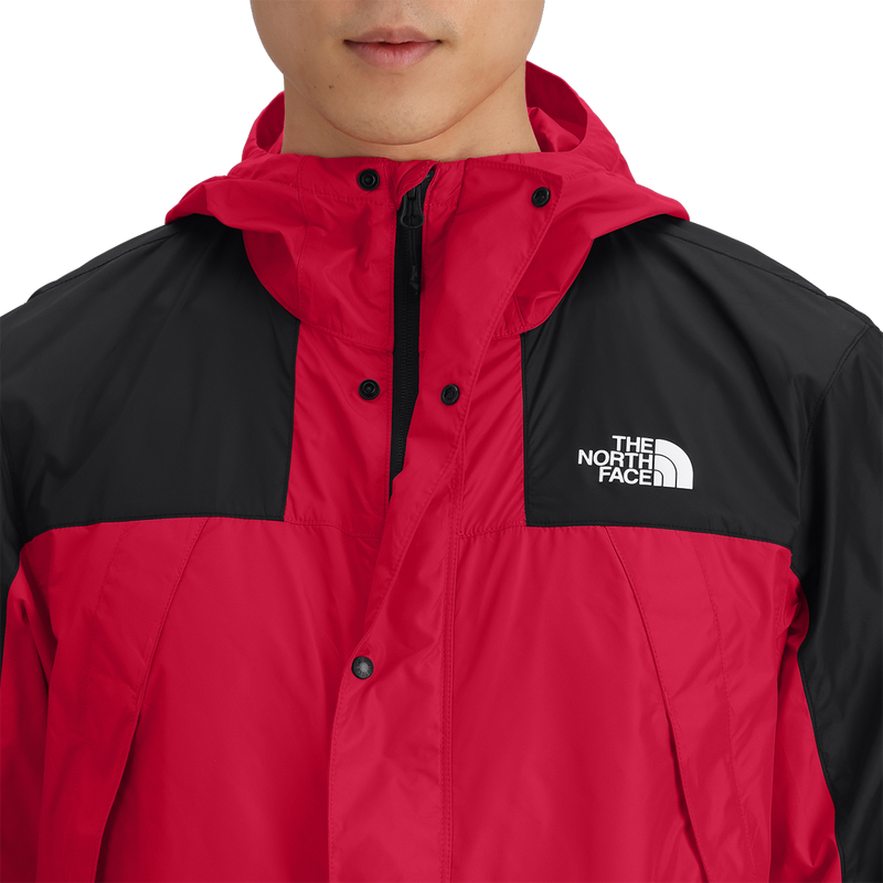 Men's Mountain Wind Jacket, The North Face Men's Mountain Wind Jacket in KZ3-TNF Red/TNF Black front zipper and branding