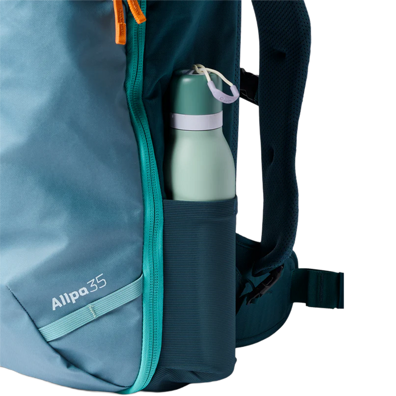 Allpa 35L Travel Pack, Cotopaxi Allpa 35L Travel Pack in Blue Spruce Abyss with water bottle detail
