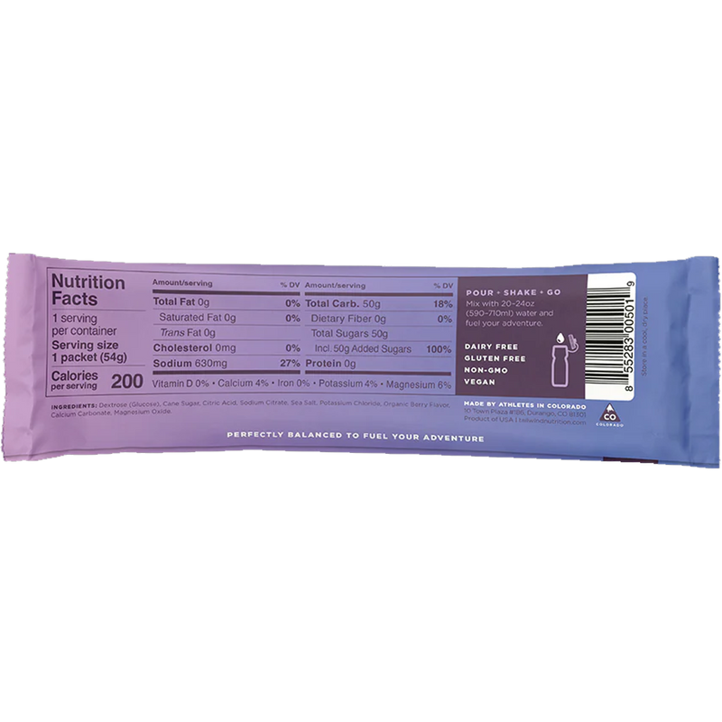 Endurance Fuel (Single Serving), Tailwind Endurance Fuel (Single Serving) back of package