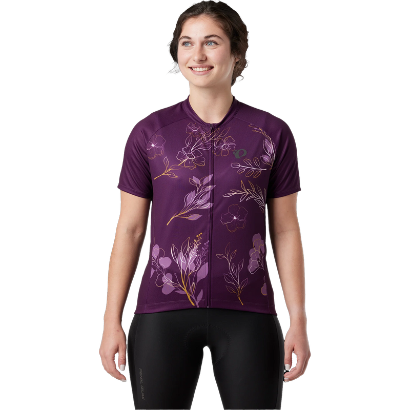 Women's Classic Jersey, Pearl Izumi Women's Classic Jersey in ADM-Dark Violet/Gold Wildflower on model front