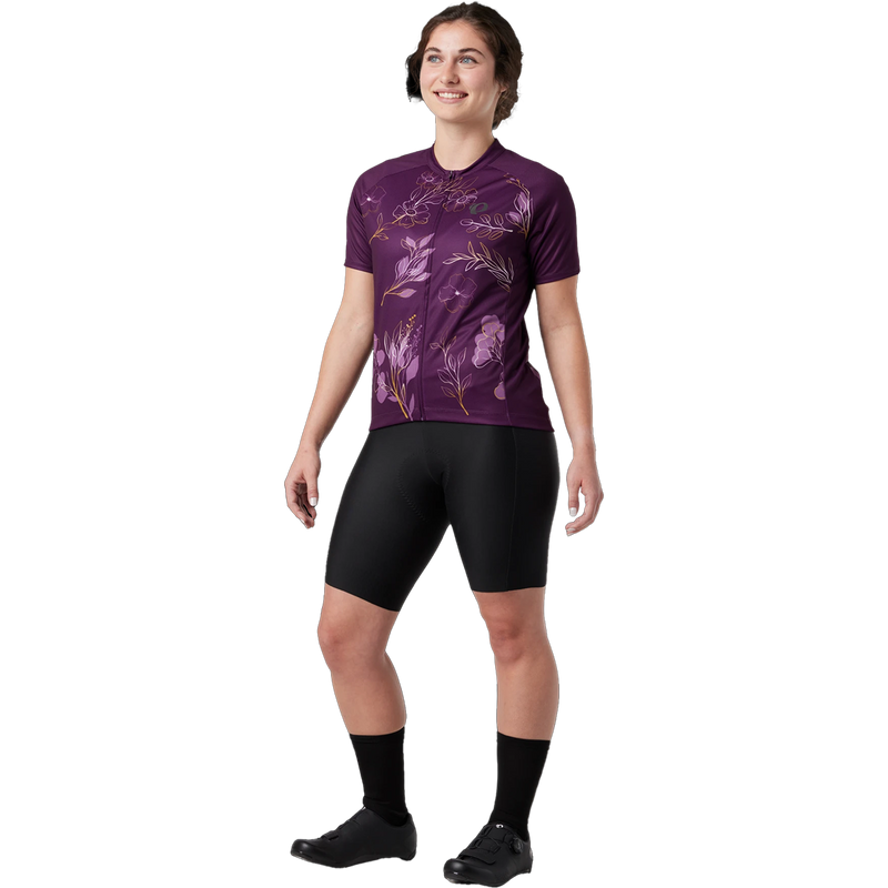 Women's Classic Jersey, Pearl Izumi Women's Classic Jersey in ADM-Dark Violet/Gold Wildflower on model