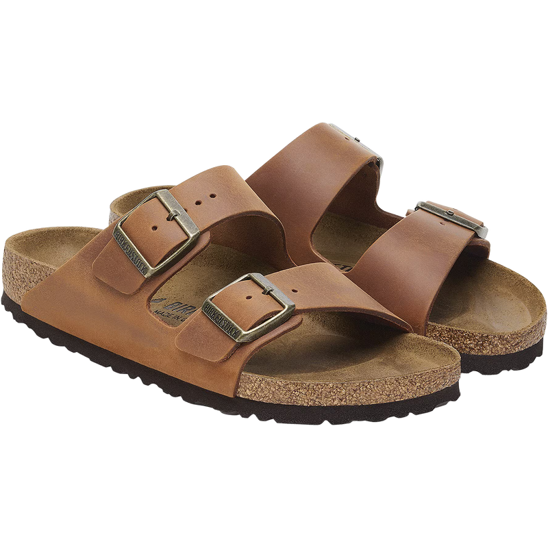 Women's Arizona, Birkenstock Women's Arizona in Oil Leather Cognac pair right front