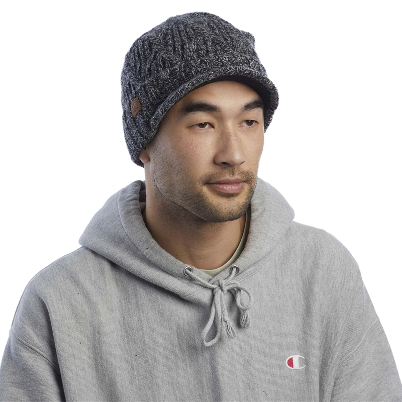 The Yukon Cable Knit Wool Brim Beanie, Coal Yukon Cable Knit Wool Brim on male model