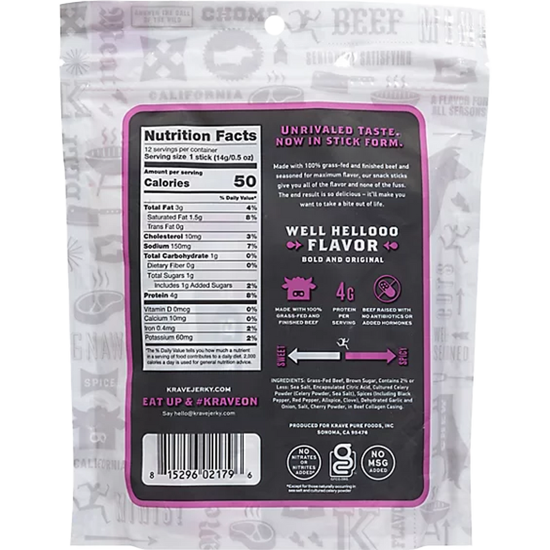 Beef Sticks Mini Multipack, Krave Jerky Beef Sticks Mini Multipack back of package