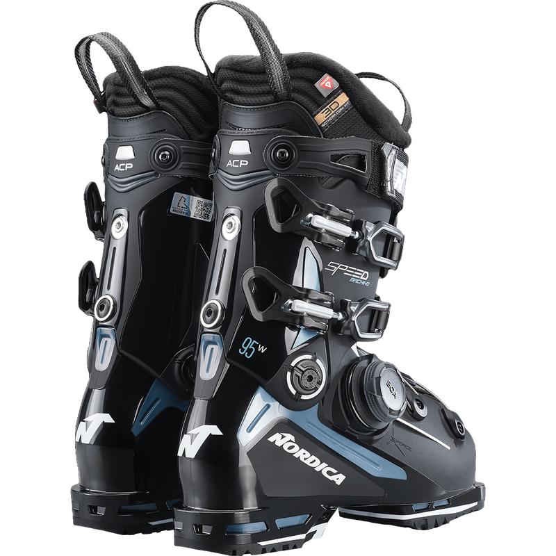 Women's Speedmachine 3 95 BOA, Nordica Women's Speedmachine 3 BOA 95 in Black/Light Blue/White pair back right