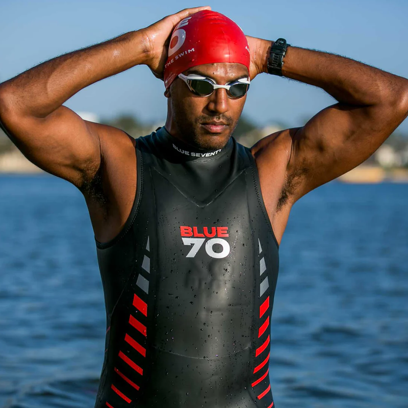 Men's Reaction Sleeveless Wetsuit, Blue Seventy Men's Reaction Sleeveless Wetsuit on swimmer