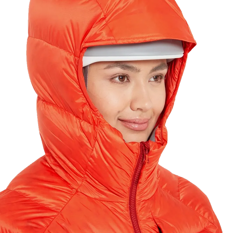 Women's Glaceon Pro Jacket, Rab Women's Glaceon Pro Jacket hood over helmet