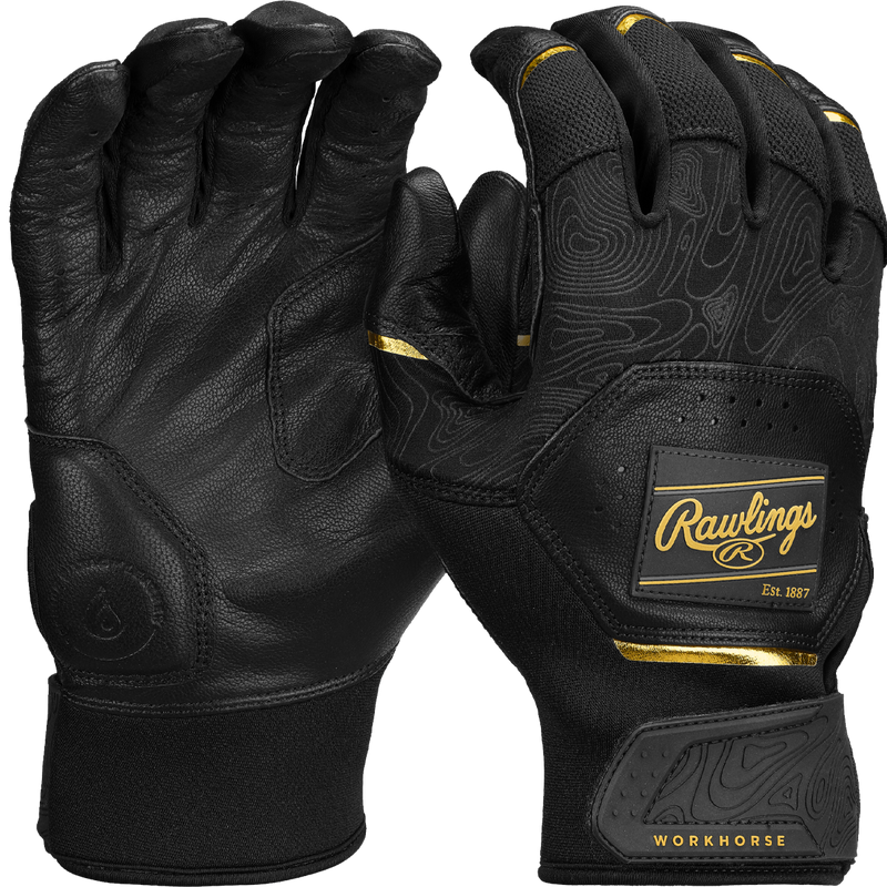 Workhorse Batting Gloves, Rawlings Workhorse Batting Gloves 2025 in Black and Gold