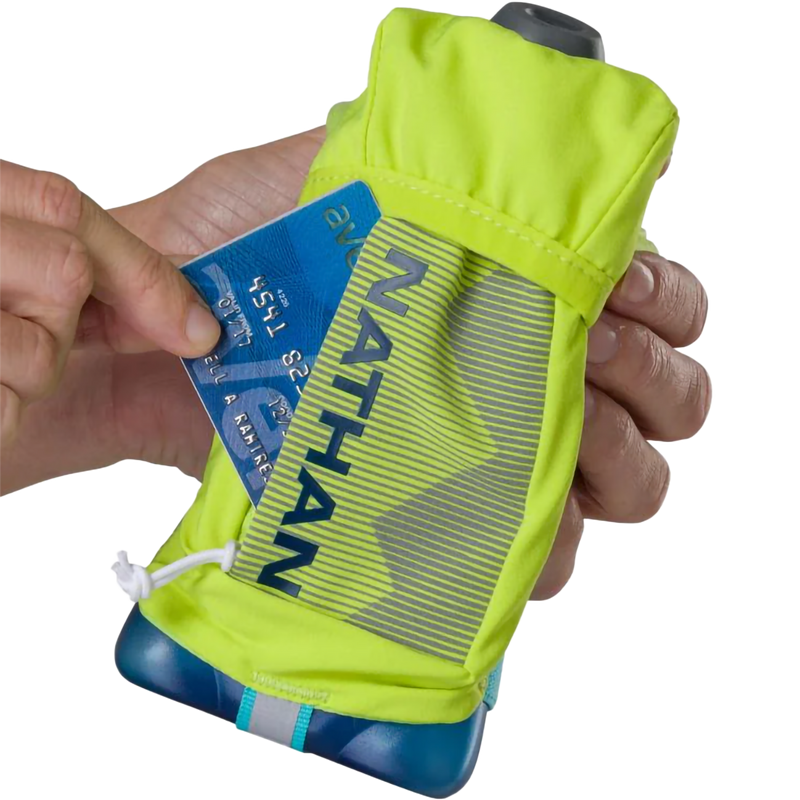 12oz QuickSqueeze Plus, Nathan 12oz QuickSqueeze in Finish Lime/Blue front pocket with model