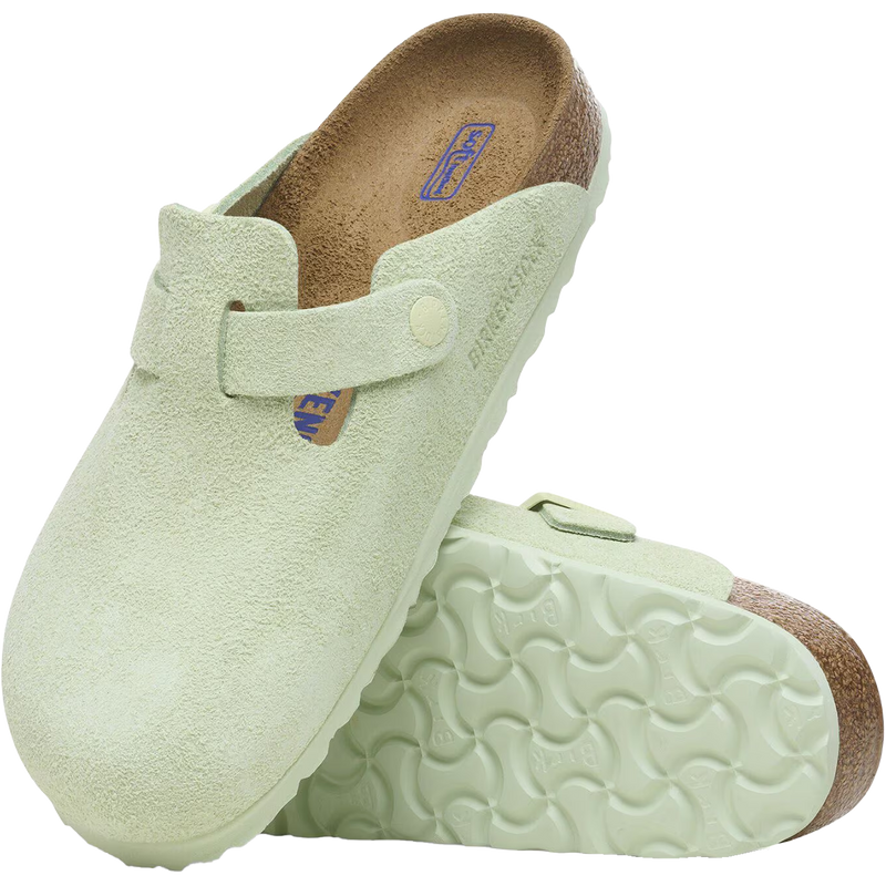 Women's Boston Soft Footbed, Birkenstock Women's Boston Soft Footbed in Faded Lime pair top and bottom