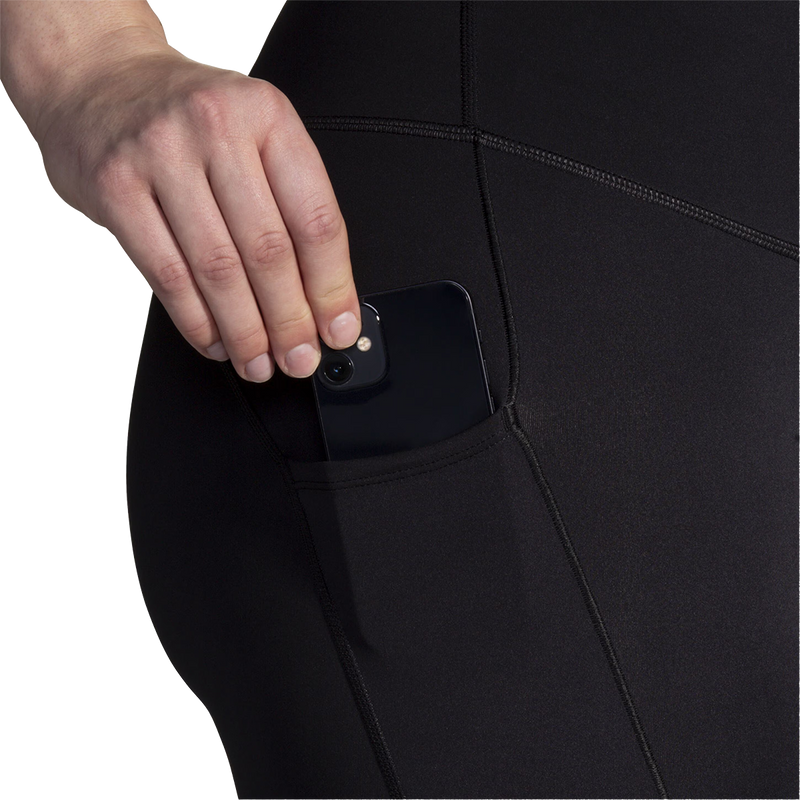 Women's Spark Capri, Brooks Women's Spark Capri in Black right hip phone pocket
