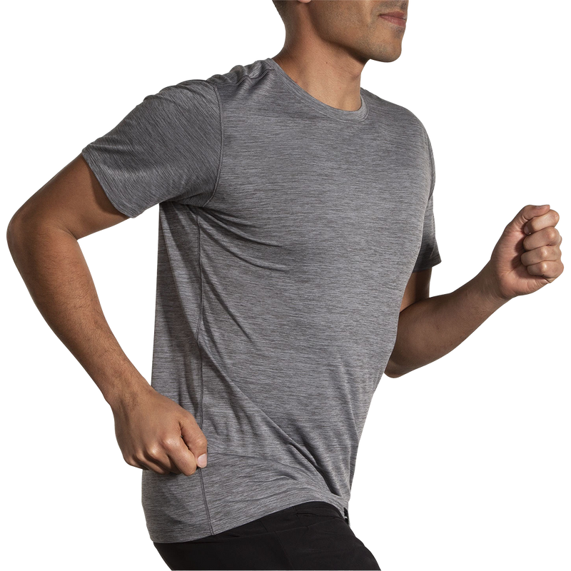 Men's Luxe Short Sleeve, Brooks Men's Luxe Short Sleeve in Heather Charcoal action front right