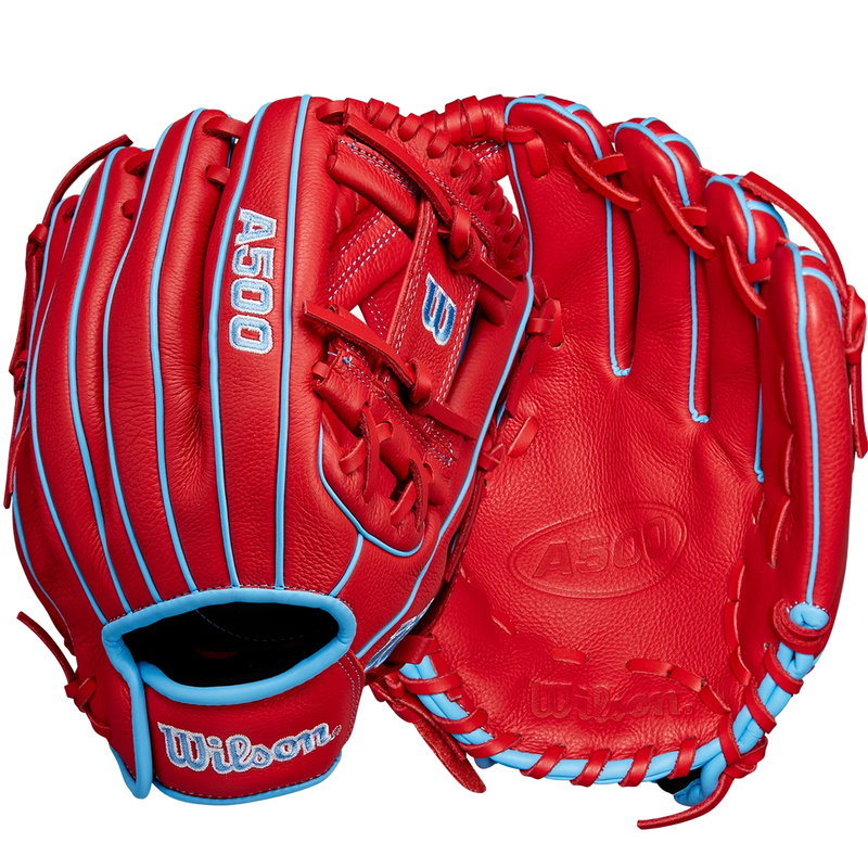 Youth A500 AP - 11.5" H-Web, Wilson A500 AP - 11.5" H-Web 2025 in Red Cool Blue White front and back