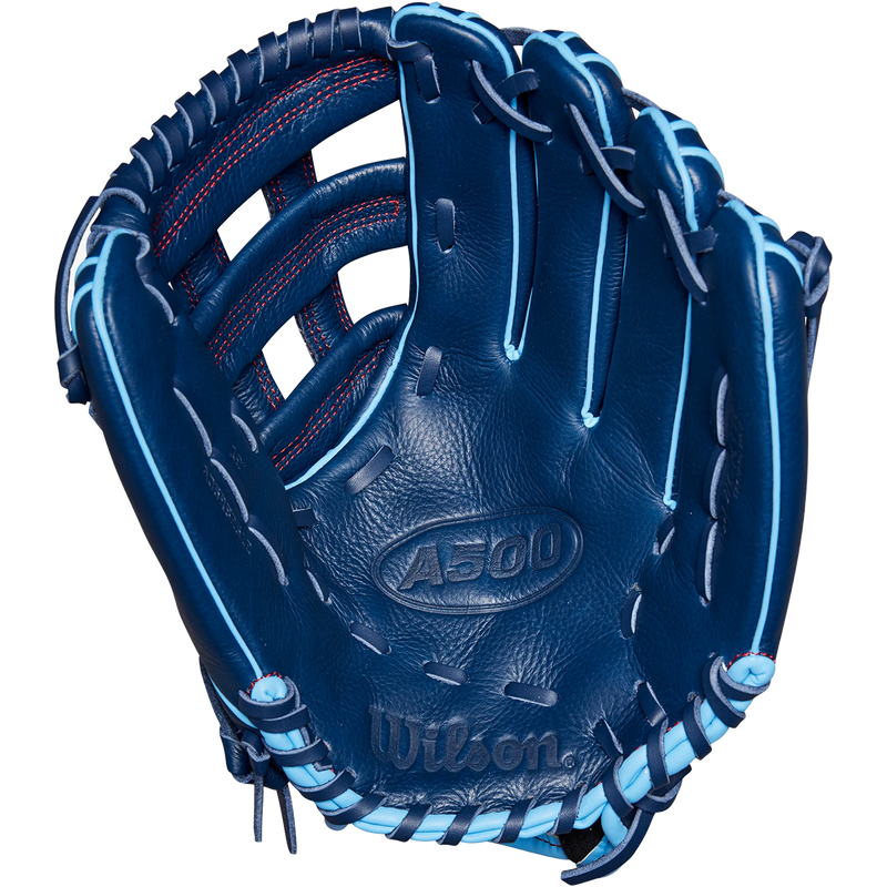 Youth A500 AP - 12" Dual Post Web, Wilson A500 AP - 12" Dual Post Web 2025 in Navy Cool Blue Red palm