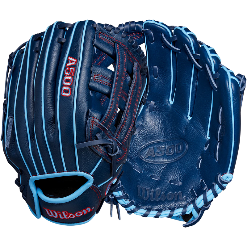 Youth A500 AP - 12" Dual Post Web, Wilson A500 AP - 12" Dual Post Web 2025 in Navy Cool Blue Red back and palm