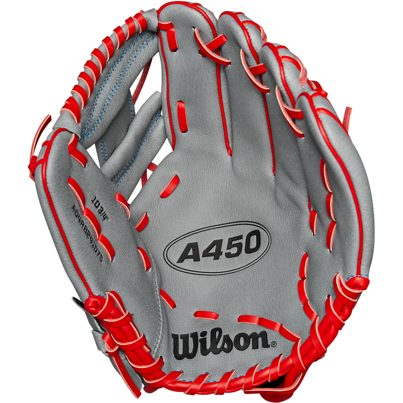 Youth A450 Infield - 10.75" H-Web, Wilson A450 Infield - 10.75" H-Web 2024 in Grey Royal Red palm
