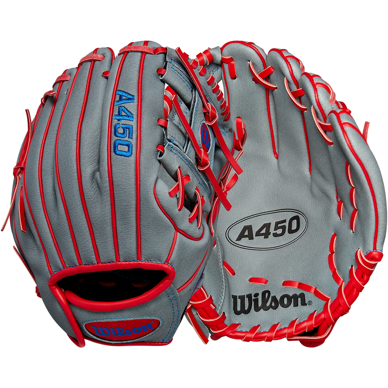 Youth A450 Infield - 10.75" H-Web, Wilson A450 Infield - 10.75" H-Web 2024 in Grey Royal Red front and back
