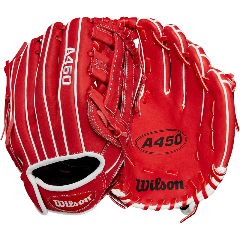 Youth A450 Infield - 11" H-Web, Wilson A450 Infield - 11" H-Web 2024 in Red/White front and back