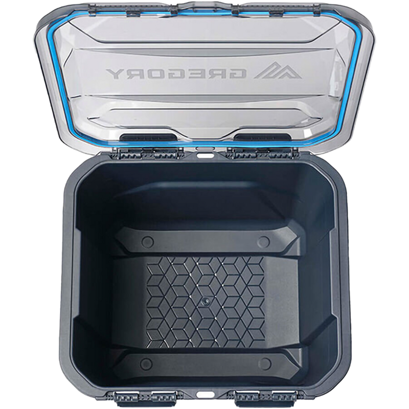 Alpaca Camp Box 50L, Gregory Alpaca Camp Box 50L in Slate Blue top with lid open 