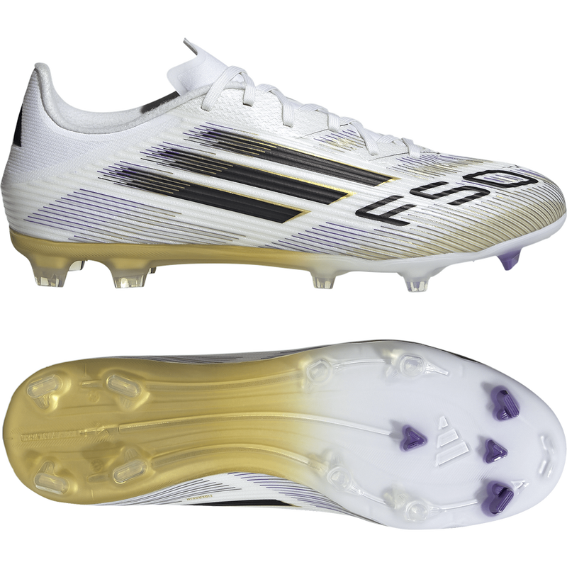 F50 League FG/MG WC, Adidas F50 League FG/MG WC 2025 in White/Black/Gold pair right and bottom